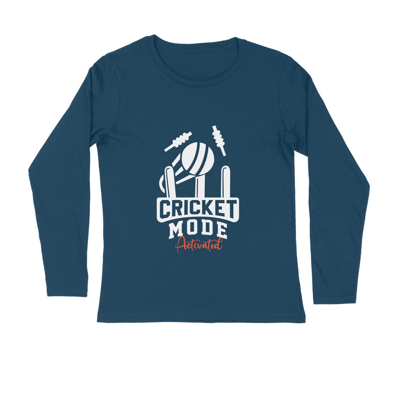 Men's Navy Blue Cricket Mode Activated Graphic Printed Full Sleeve T-shirt - Printed Cave