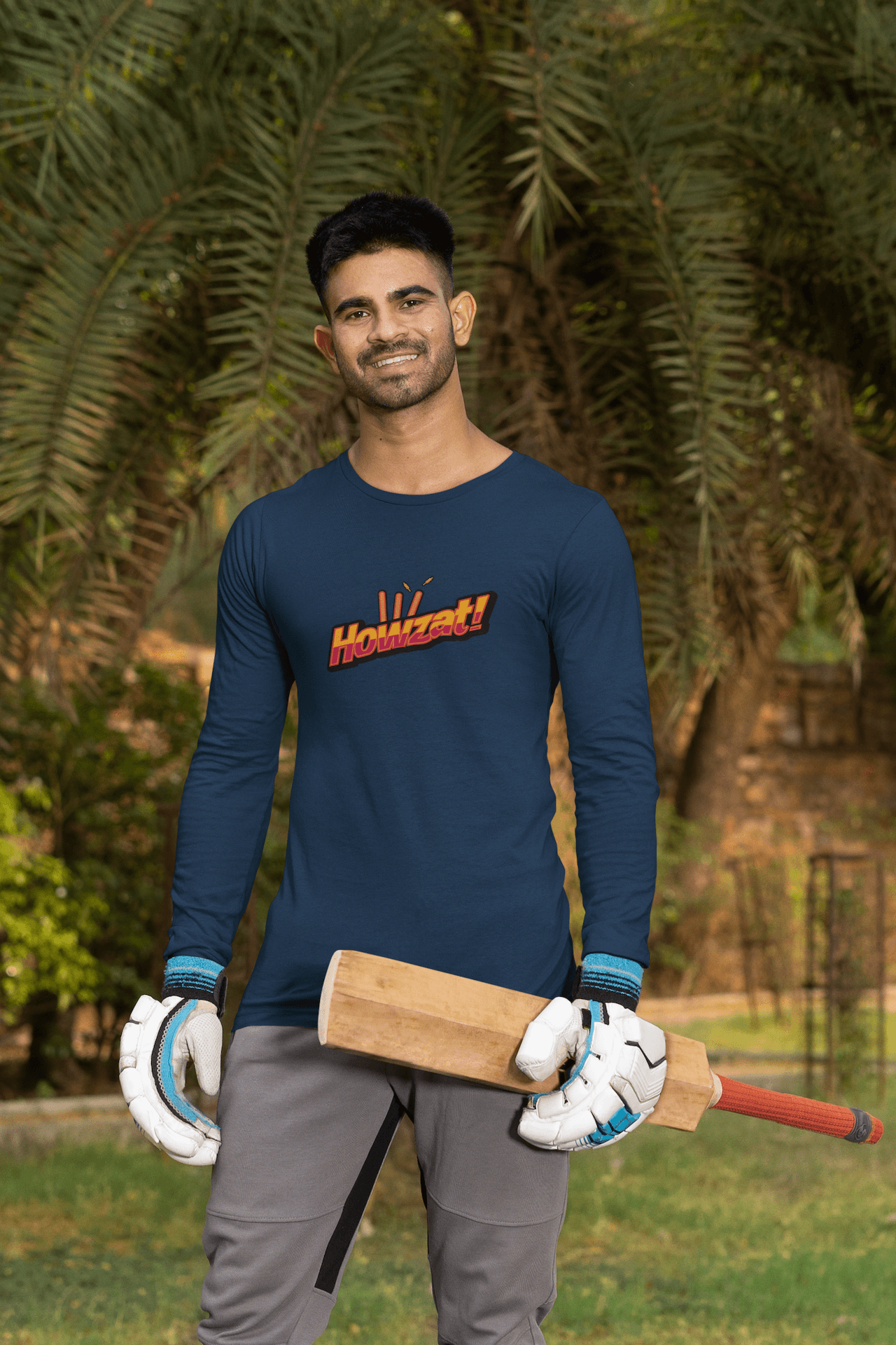 Men's Navy Blue Howzat Graphic Printed Full Sleeve T-shirt - Printed Cave