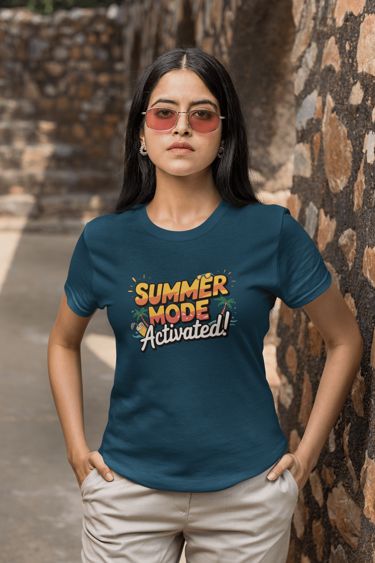 Women's Navy Blue Summer Mode Activated Graphic Printed T-shirt - Printed Cave