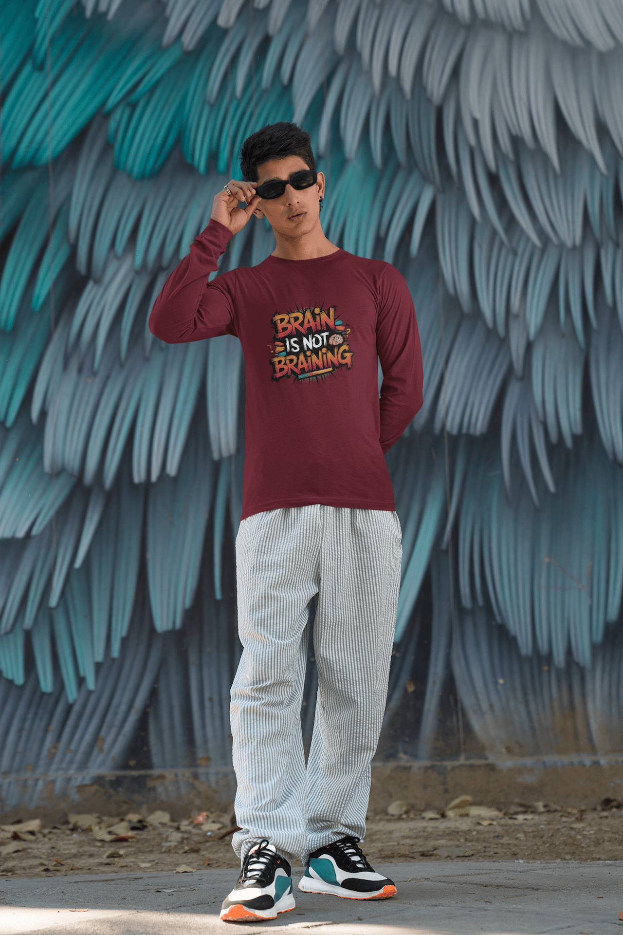Men's Maroon Brain Is Not Braining Graphic Printed Full Sleeve T-shirt - Printed Cave