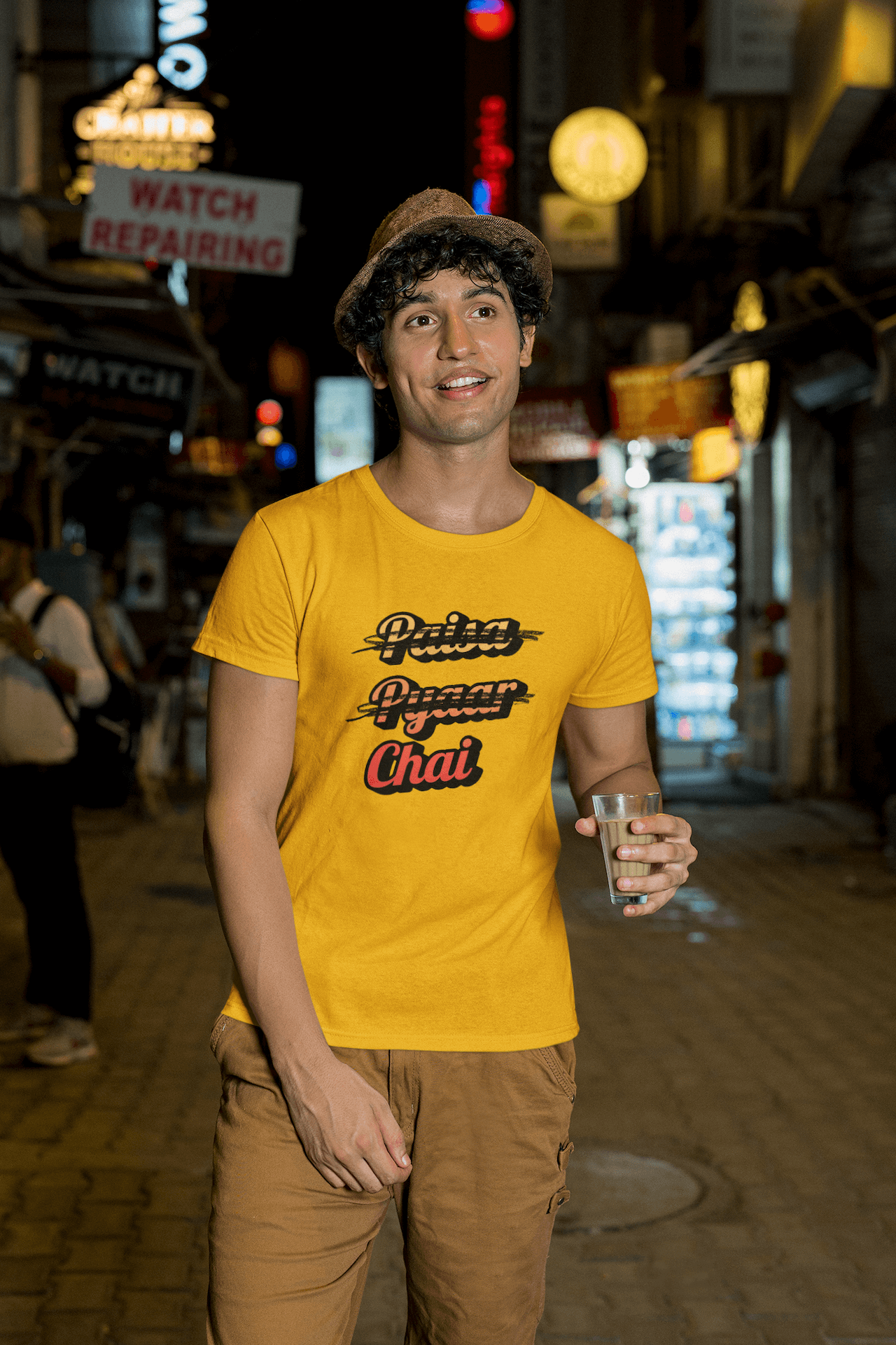 Men's Golden Yellow Paisa Pyaar Chai Graphic Printed T-shirt - Printed Cave