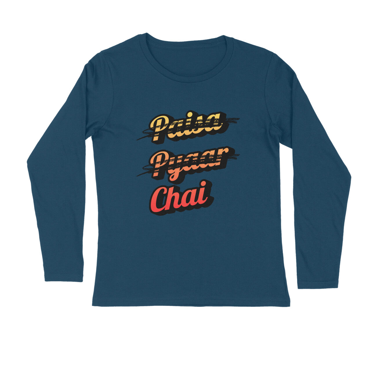 Men's Navy Blue Paisa Pyaar Chai Graphic Printed Full Sleeve T-shirt - Printed Cave