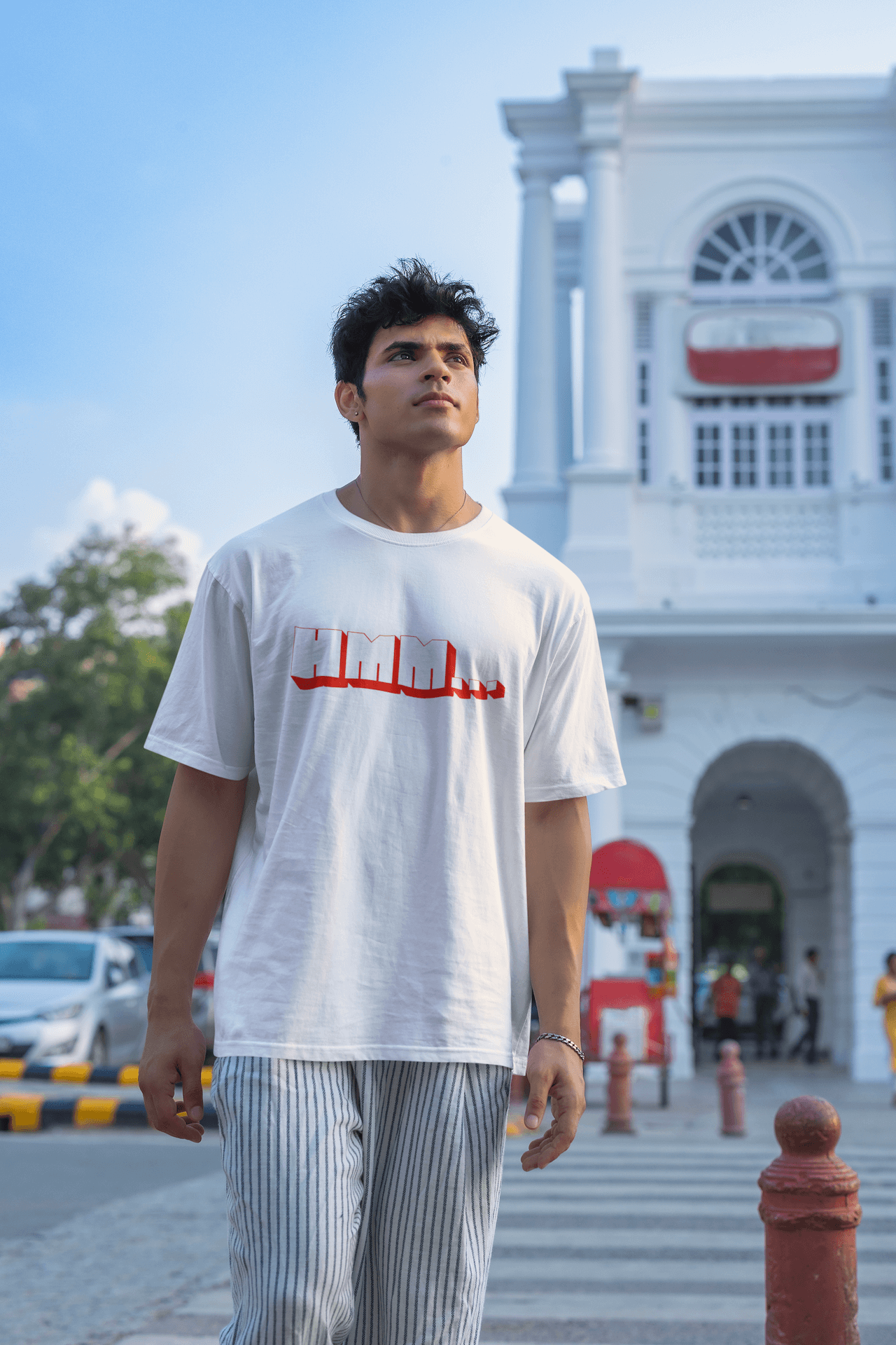 Men's White Hmm Graphic Printed Oversized T-shirt