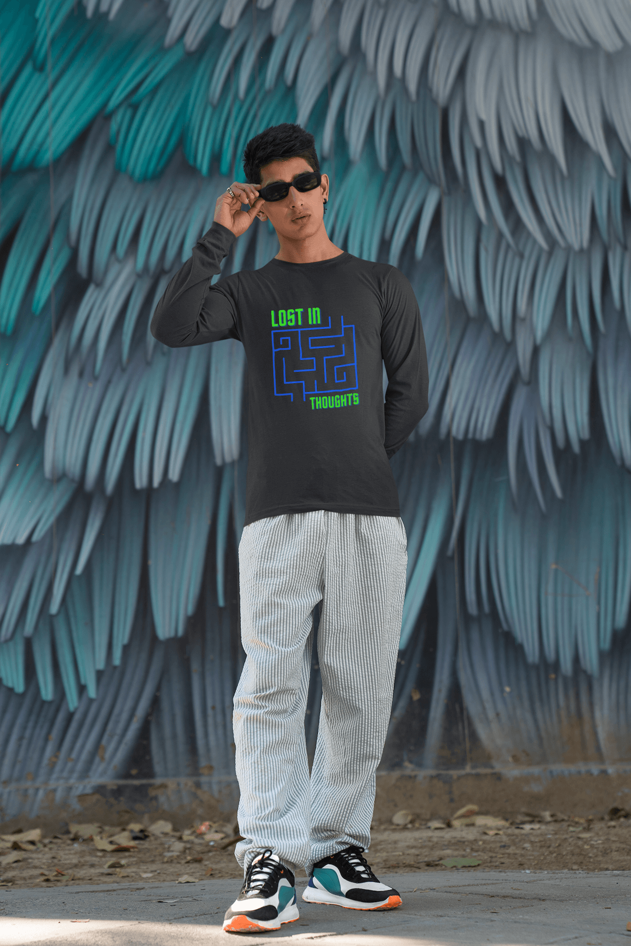 Men's Black Lost in Thoughts Graphic Printed Full Sleeve T-shirt
