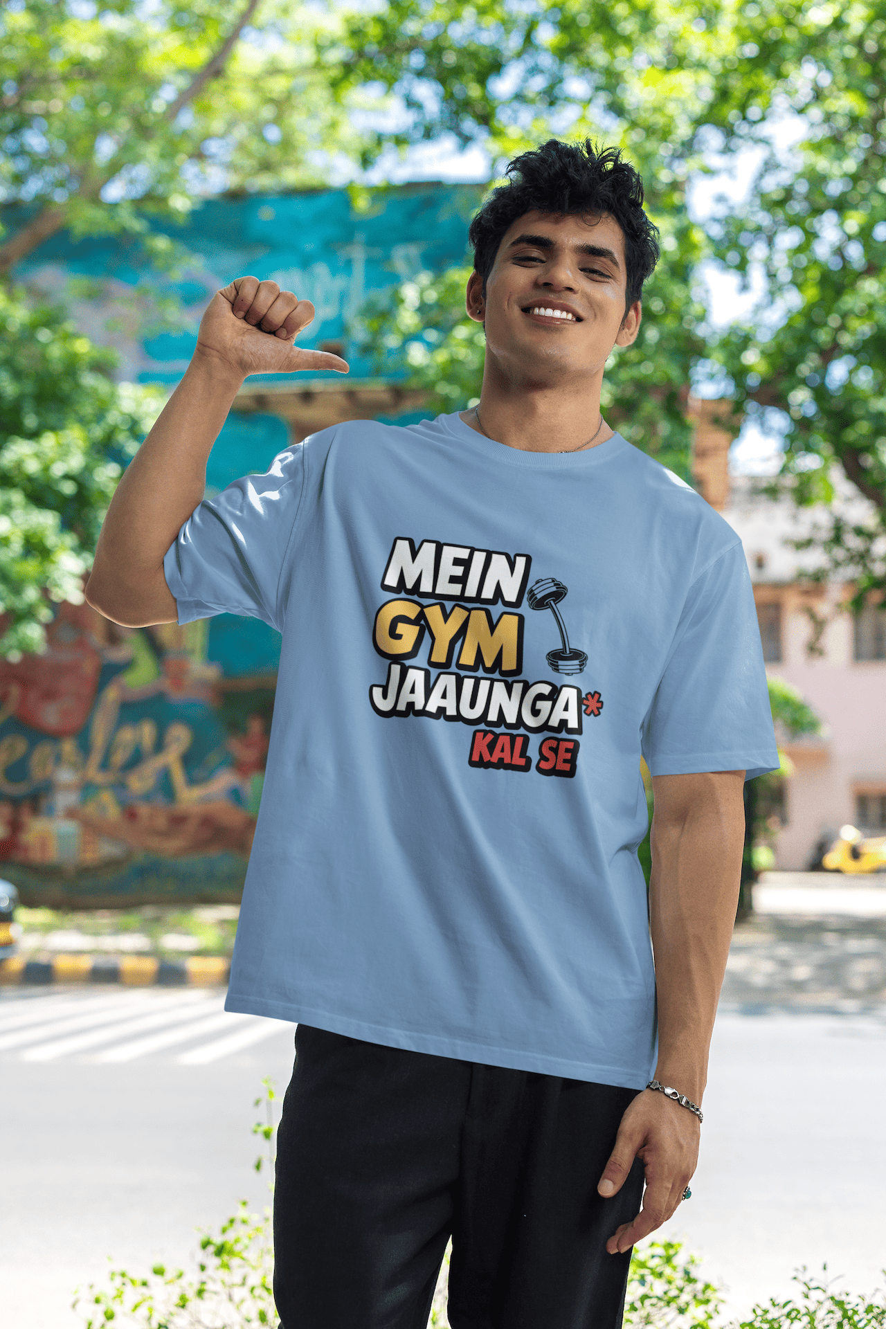 Men's Baby Blue Mein Gym Jaaunga Kal Se Graphic Printed Oversized T-shirt