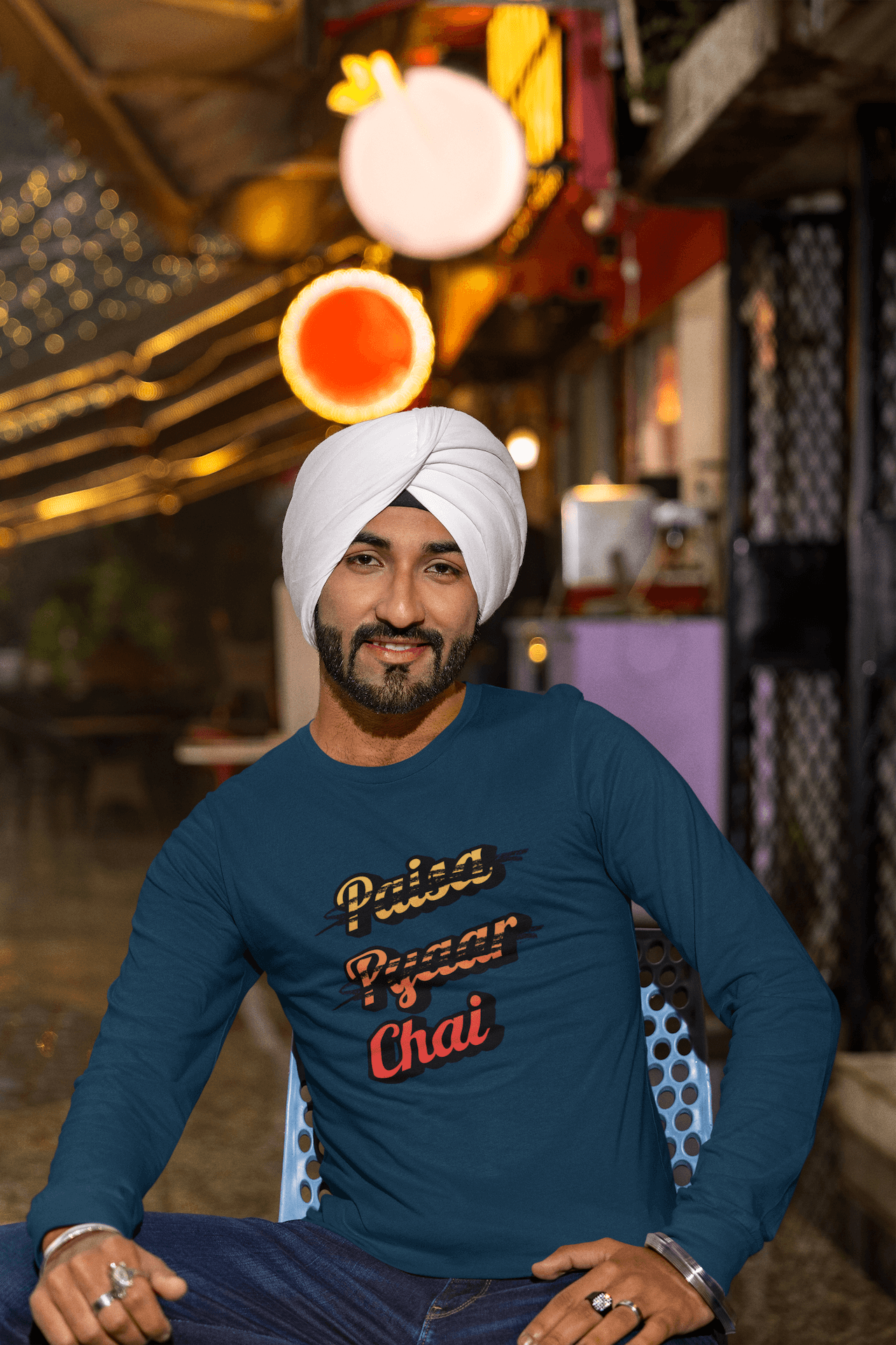 Men's Navy Blue Paisa Pyaar Chai Graphic Printed Full Sleeve T-shirt - Printed Cave