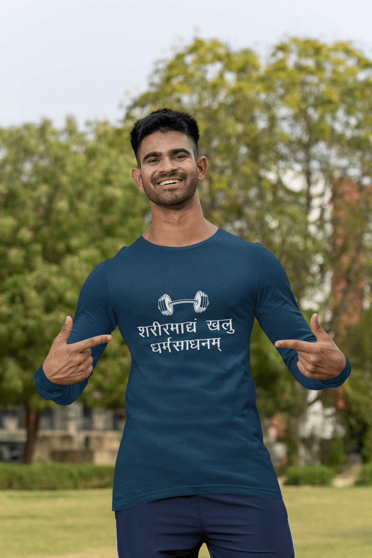 Men's Navy Blue Sharirmadyam Khalu Dharmasadhanam Graphic Printed Full Sleeve T-shirt