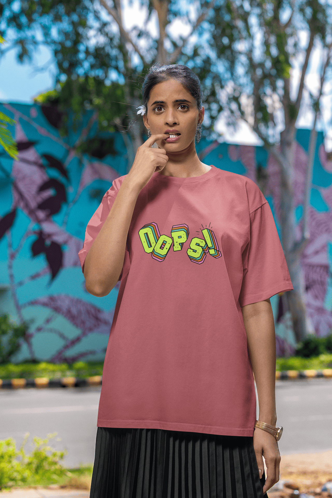 Women's Dusty Red Oops Graphic Printed Oversized T-shirt