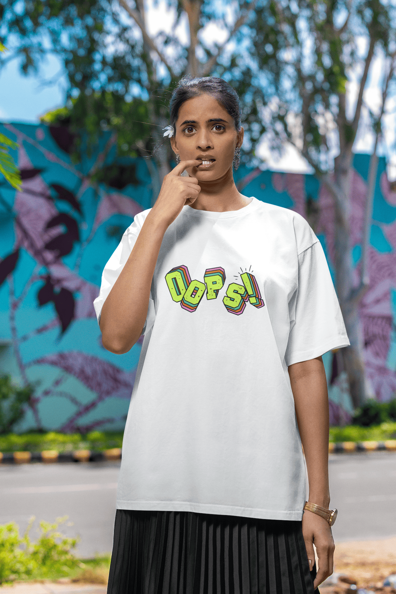 Women's White Oops Graphic Printed Oversized T-shirt