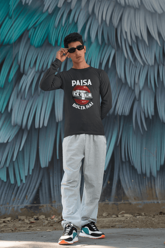 Men's Black Paisa Bolta Hai Graphic Printed Full Sleeve T-shirt - Printed Cave