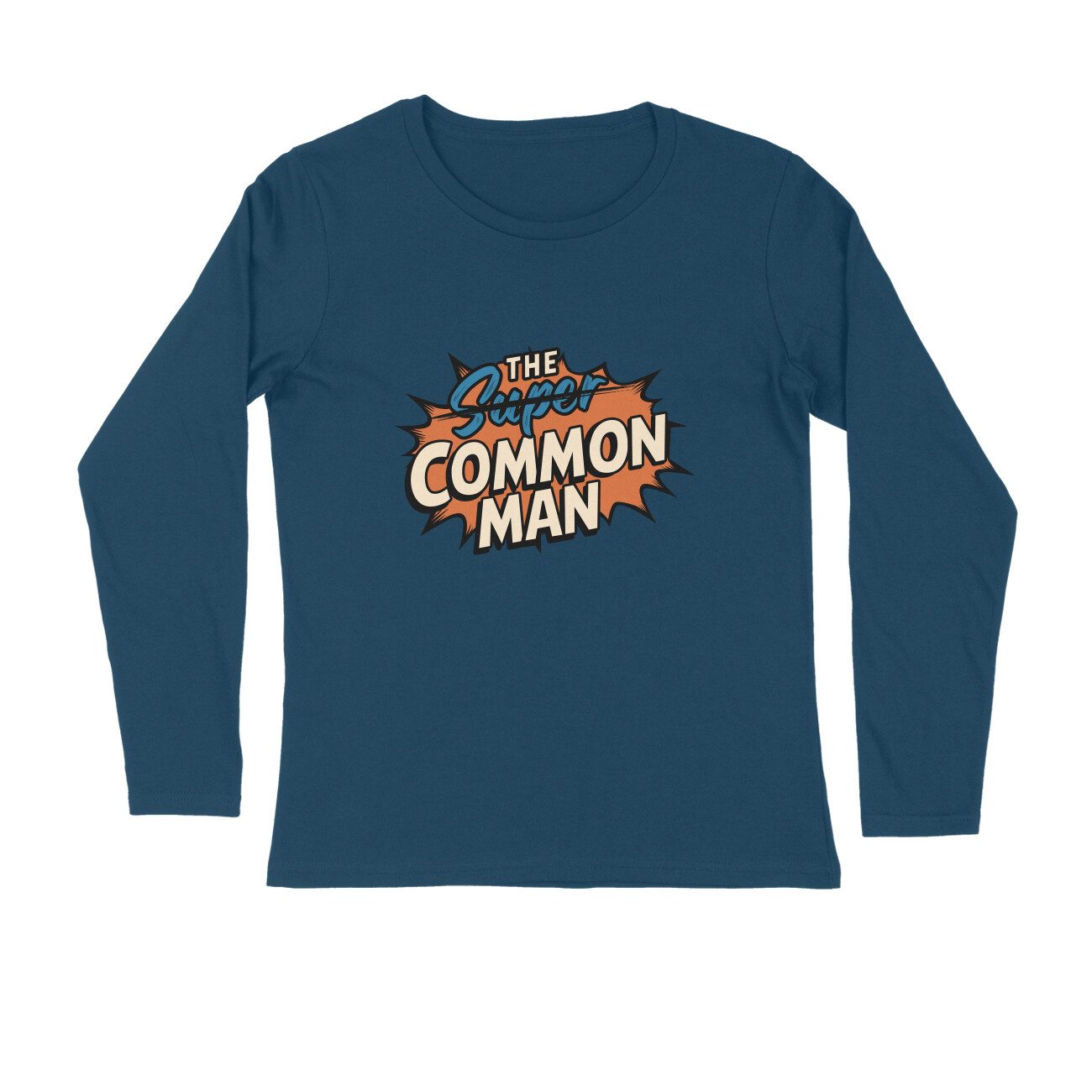 Men's Navy Blue The Super Common Man Graphic Printed Full Sleeve T-shirt - Printed Cave