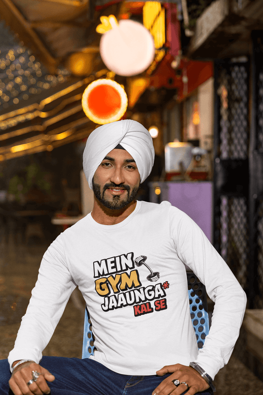 Men's White Mein Gym Jaaunga Kal Se Graphic Printed Full Sleeve T-shirt - Printed Cave