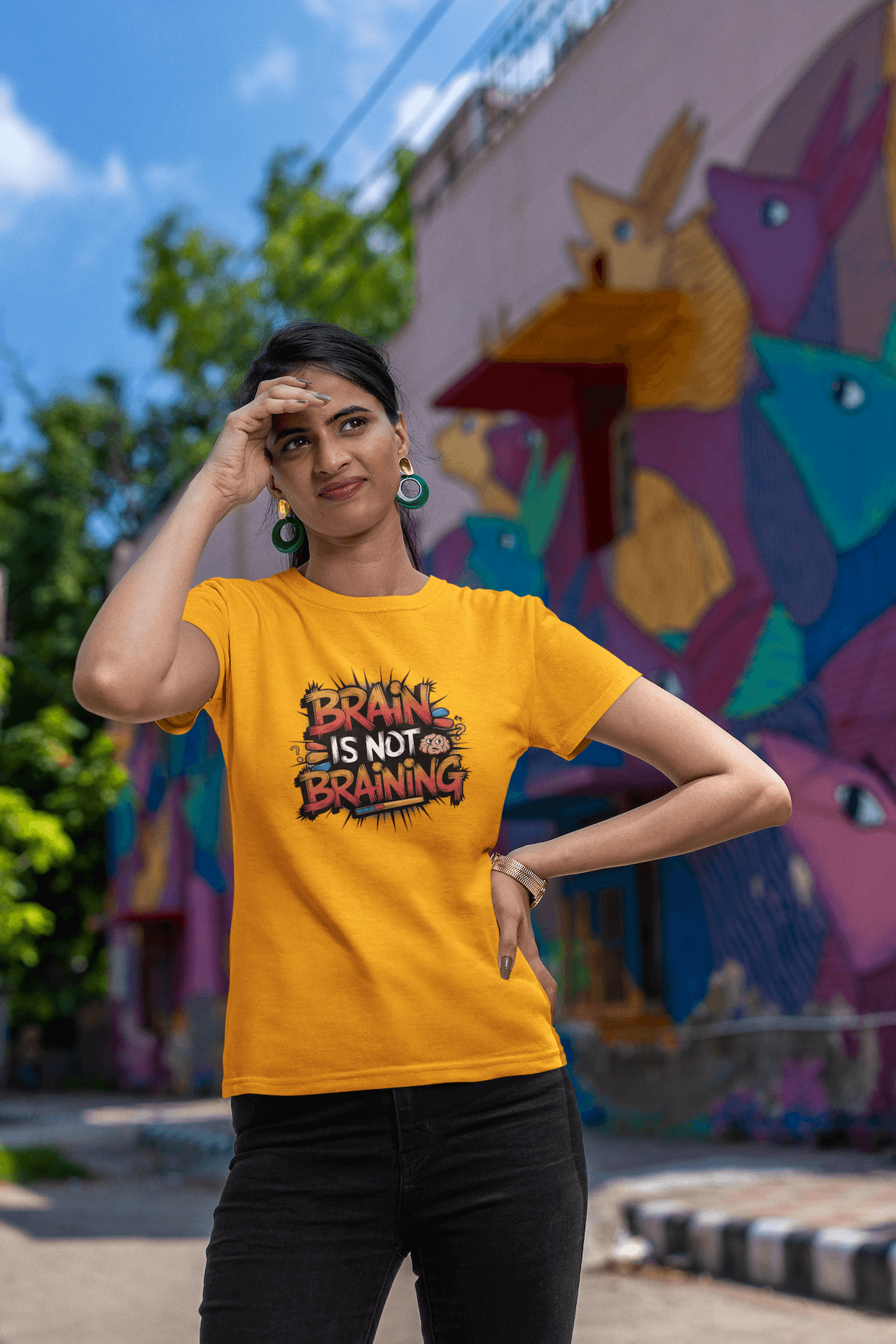 Women's Golden Yellow Brain Is Not Braining Graphic Printed T-shirt - Printed Cave