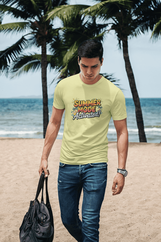 Men's Yellow Summer Mode Activated Graphic Printed T-shirt - Printed Cave