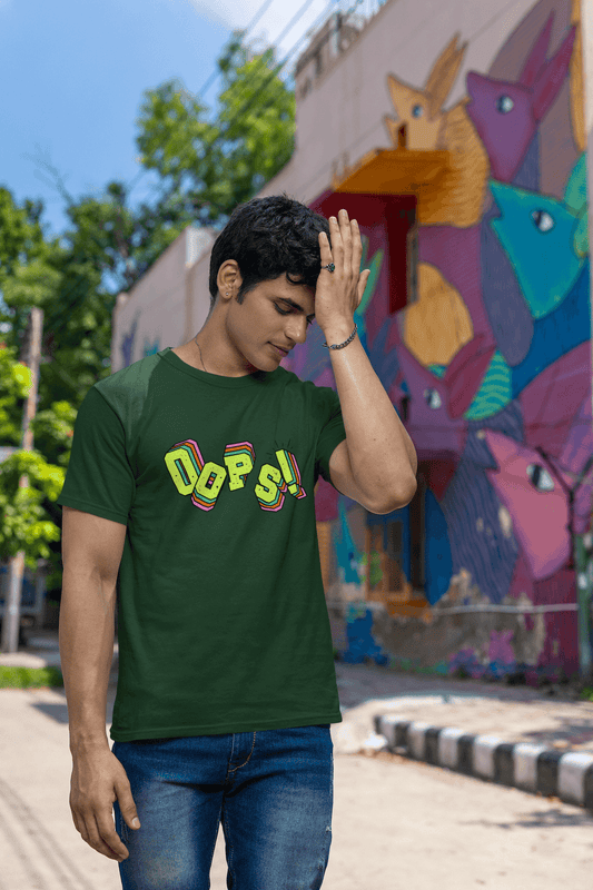 Men's Olive Green Oops Graphic Printed T-shirt - Printed Cave