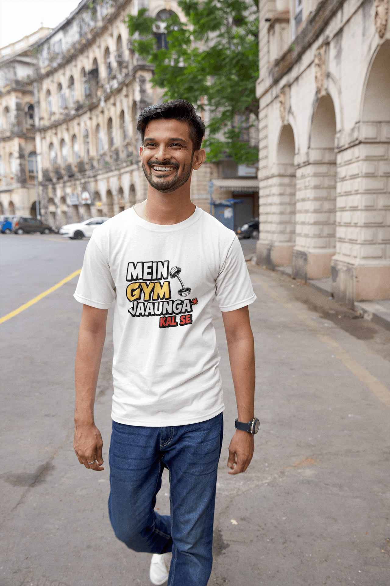 Men's White Mein Gym Jaaunga Kal Se Graphic Printed T-shirt - Printed Cave