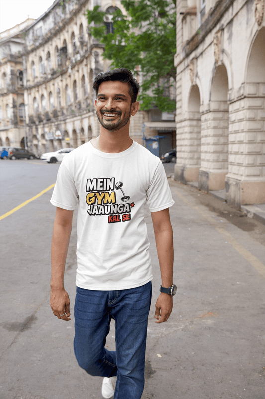 Men's White Mein Gym Jaaunga Kal Se Graphic Printed T-shirt - Printed Cave