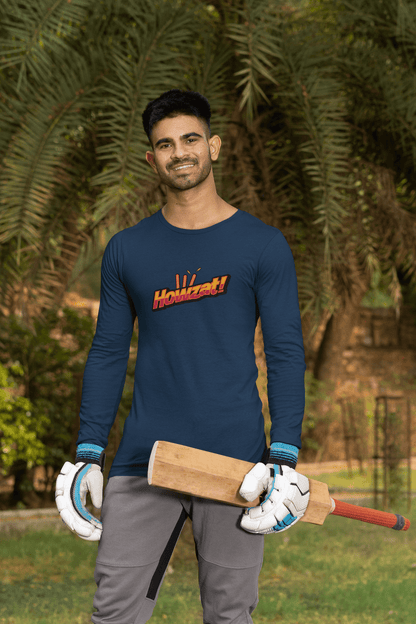 Men's Navy Blue Howzat Graphic Printed Full Sleeve T-shirt - Printed Cave