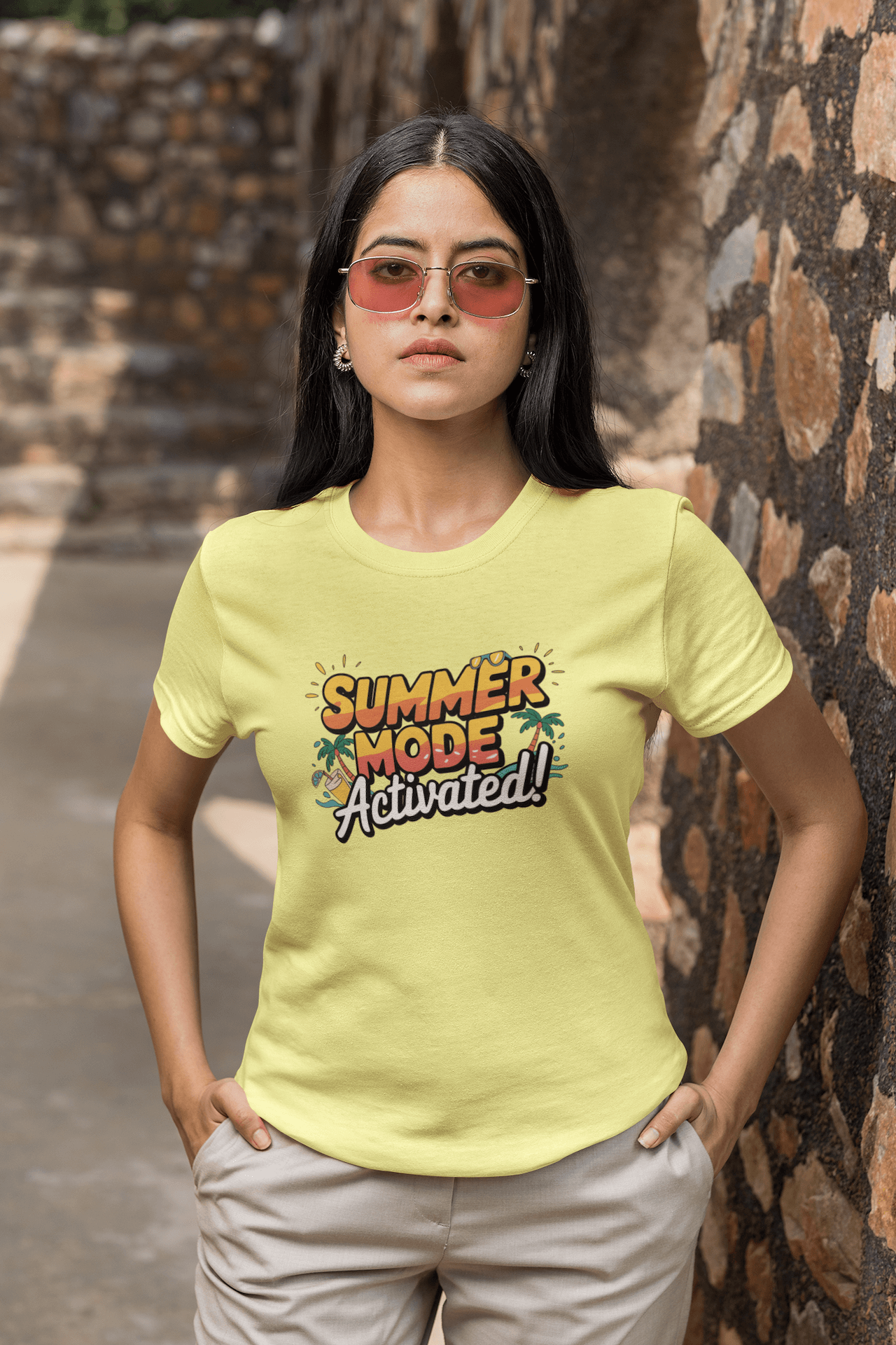 Women's Yellow Summer Mode Activated Graphic Printed T-shirt - Printed Cave