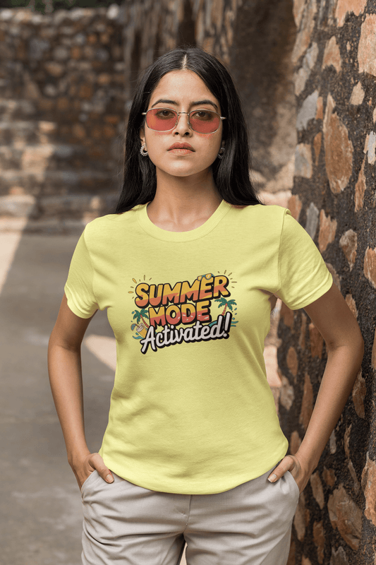 Women's Yellow Summer Mode Activated Graphic Printed T-shirt - Printed Cave