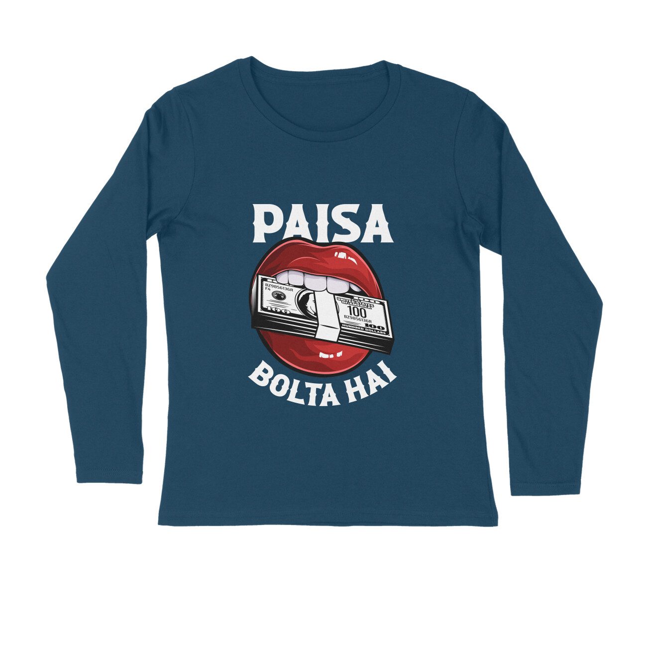 Men's Navy Blue Paisa Bolta Hai Graphic Printed Full Sleeve T-shirt - Printed Cave