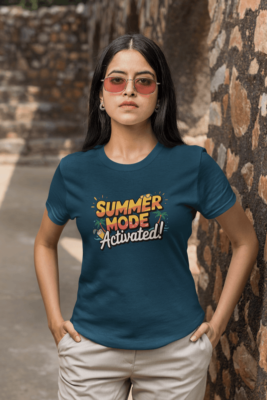 Women's Navy Blue Summer Mode Activated Graphic Printed T-shirt - Printed Cave