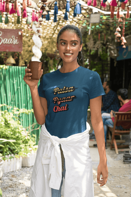 Women's Navy Blue Paisa Pyaar Chai Graphic Printed T-shirt - Printed Cave