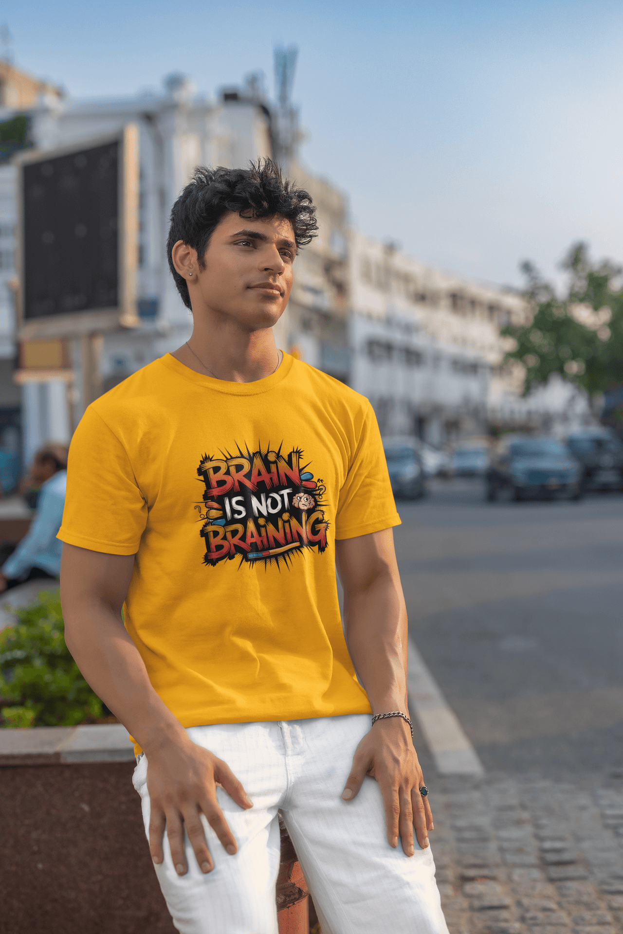 Men's Golden Yellow Brain Is Not Braining Graphic Printed T-shirt - Printed Cave