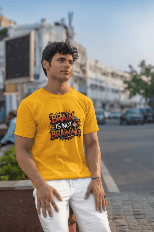 Men's Golden Yellow Brain Is Not Braining Graphic Printed T-shirt - Printed Cave