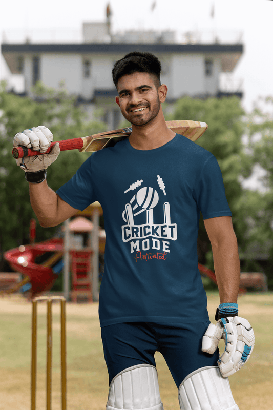 Men's Navy Blue Cricket Mode Activated Graphic Printed T-shirt - Printed Cave