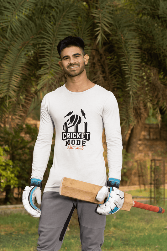 Men's White Cricket Mode Activated Graphic Printed Full Sleeve T-shirt - Printed Cave