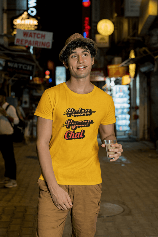 Men's Golden Yellow Paisa Pyaar Chai Graphic Printed T-shirt - Printed Cave