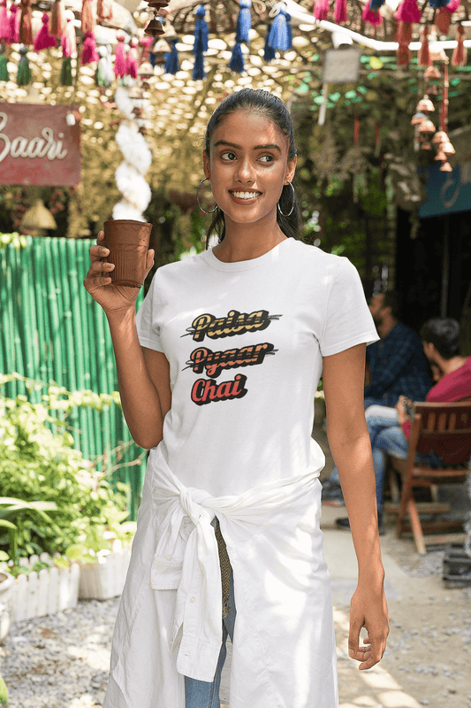 Women's White Paisa Pyaar Chai Graphic Printed T-shirt - Printed Cave