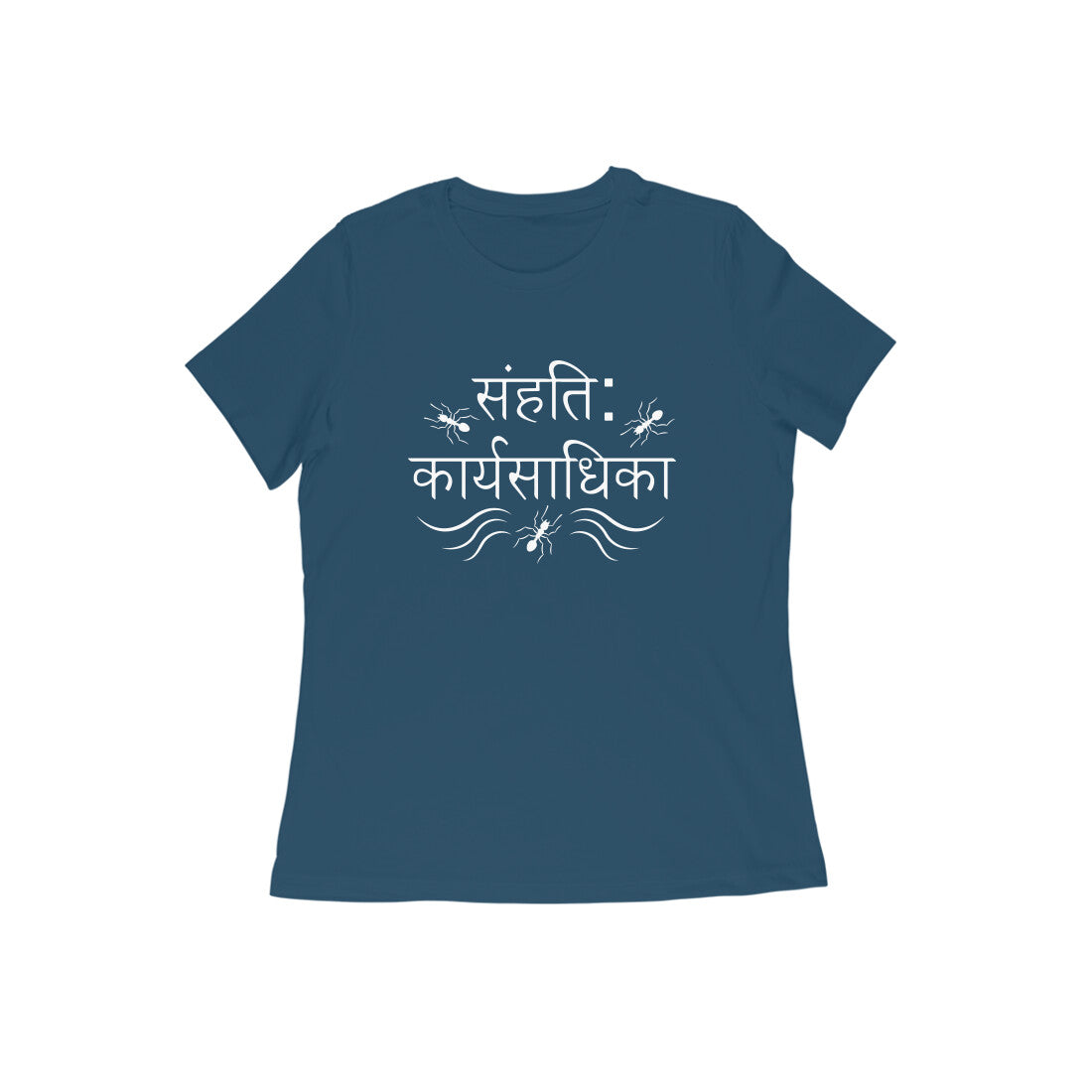 Women's Navy Blue Sanhatih Karyasadhika Graphic Printed T-shirt - Printed Cave