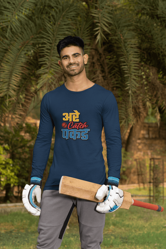 Men's Navy Blue Are Catch Pakad Graphic Printed Full Sleeve T-shirt - Printed Cave