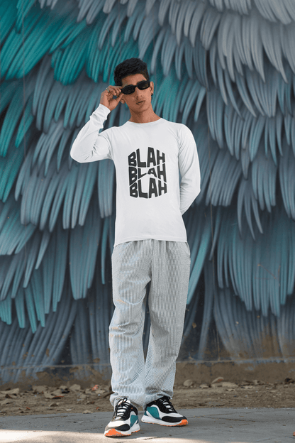 Men's White Blah Blah Blah Graphic Printed Full Sleeve T-shirt