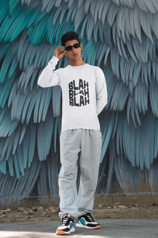 Men's White Blah Blah Blah Graphic Printed Full Sleeve T-shirt