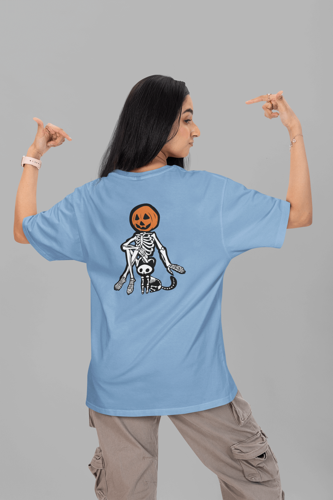 Women's Baby Blue Boney Buddies Graphic Printed Oversized T-shirt