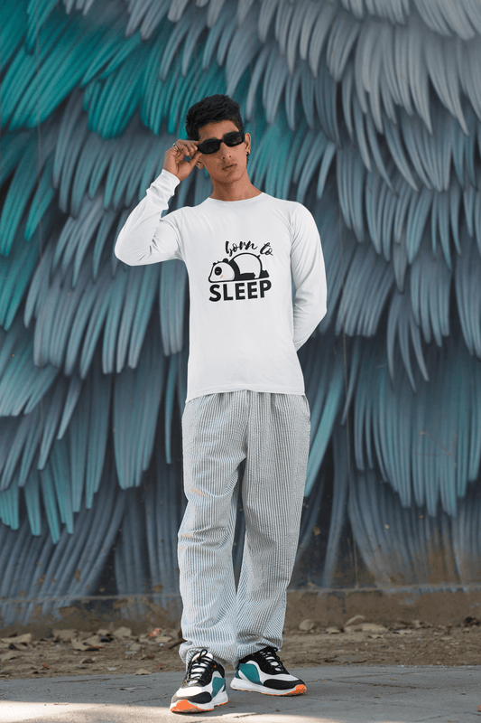 Men's White Born to Sleep Graphic Printed Full Sleeve T-shirt
