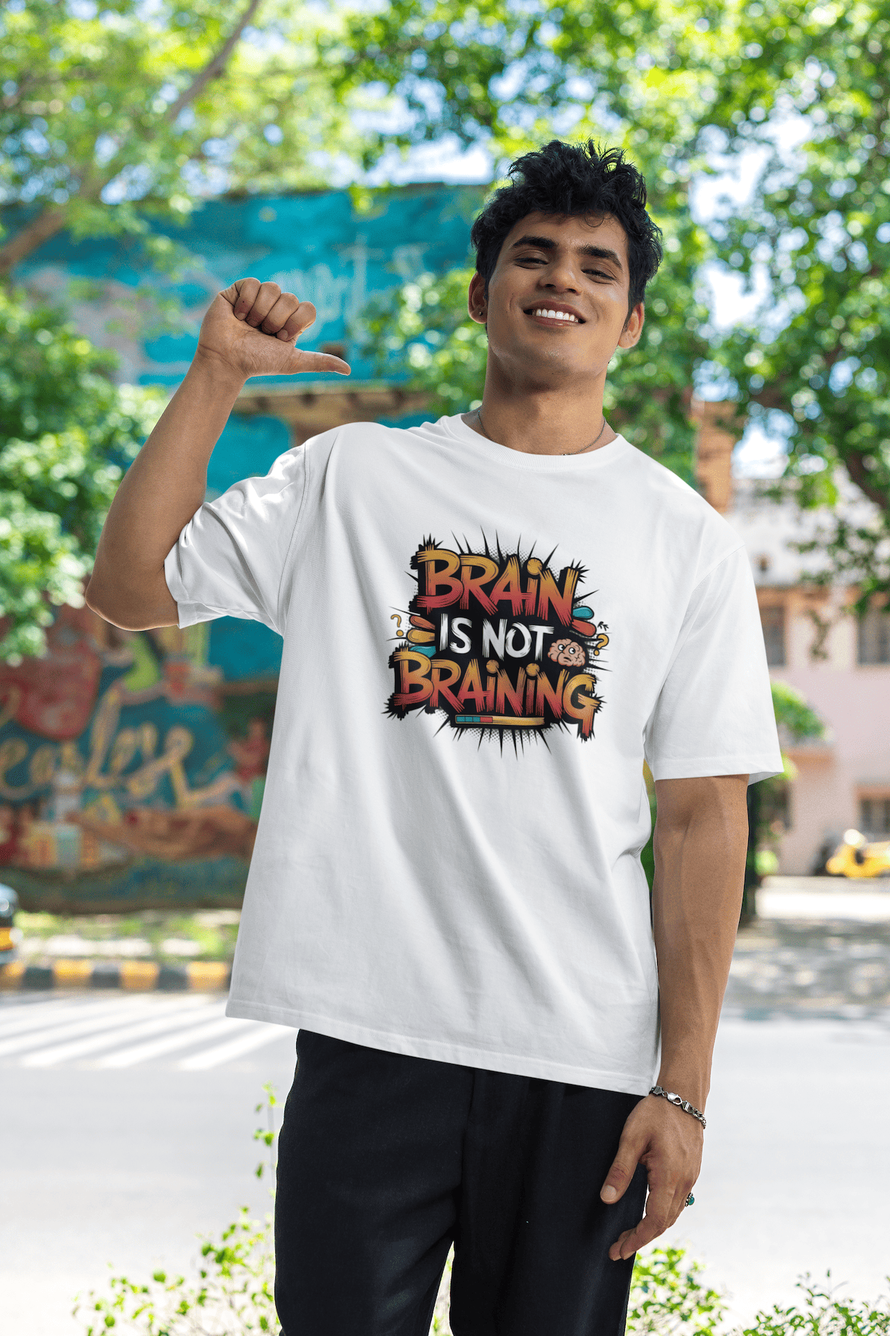 Men's White Brain Is Not Braining Graphic Printed Oversized T-shirt