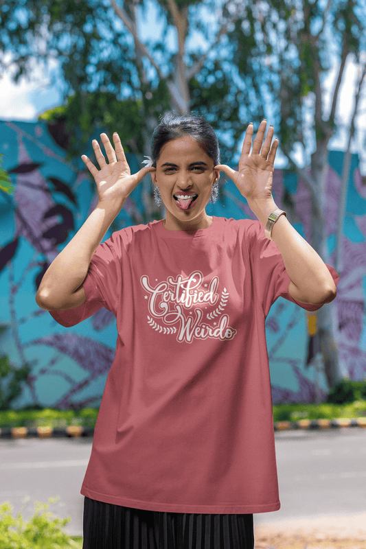 Women's Dusty Red Certified Weirdo Graphic Printed Oversized T-shirt