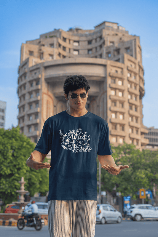 Men's Navy Blue Certified Weirdo Graphic Printed Oversized T-shirt