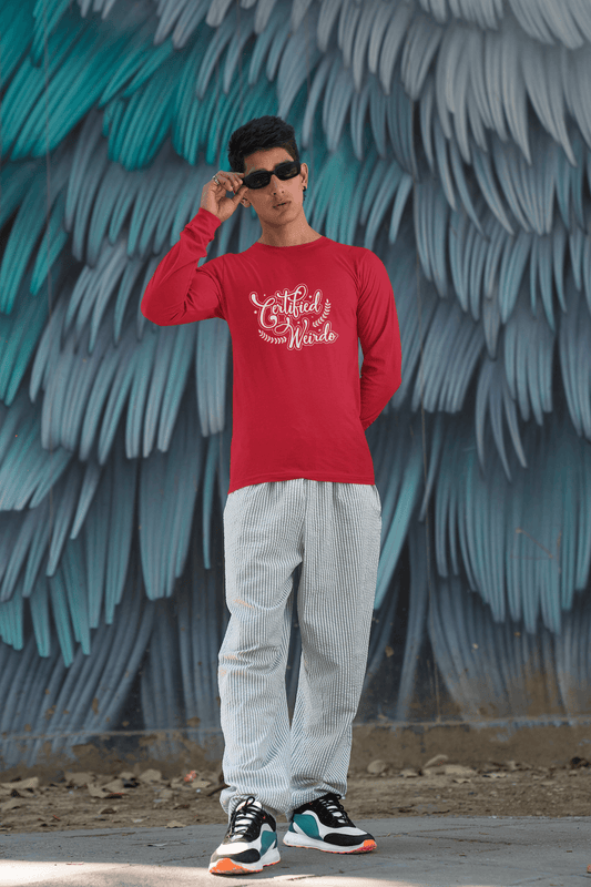 Men's Red Certified Weirdo Graphic Printed Full Sleeve T-shirt - Printed Cave