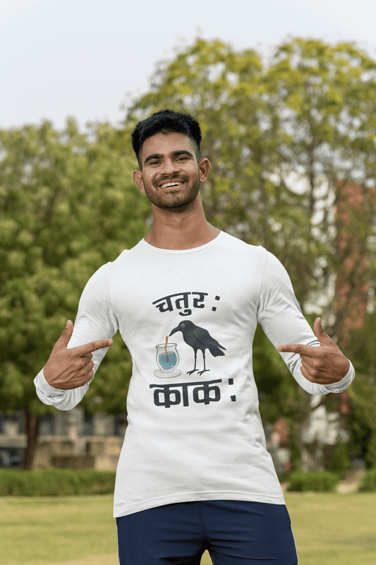 Men's White Chaturah Kakah Graphic Printed Full Sleeve T-shirt