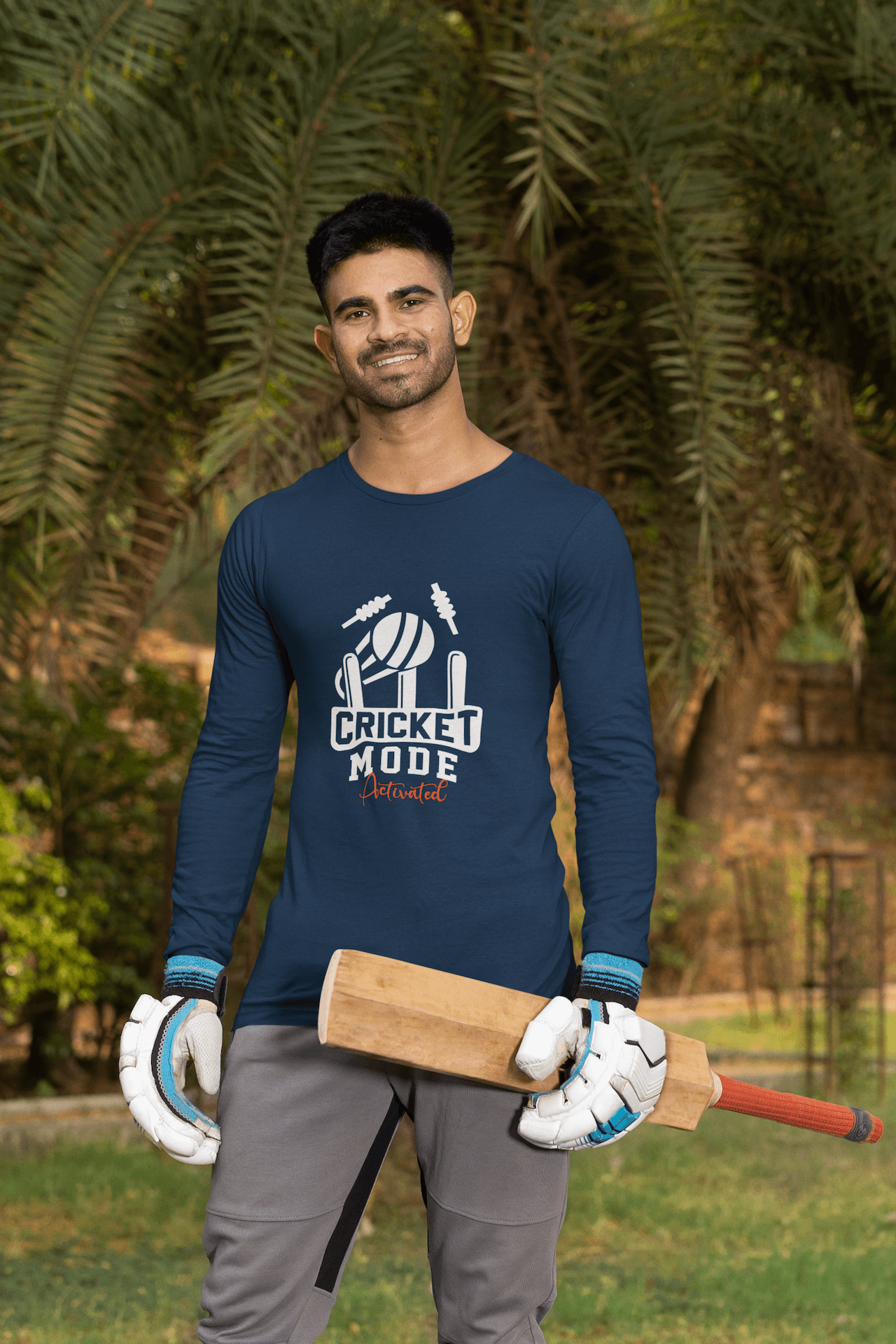 Men's Navy Blue Cricket Mode Activated Graphic Printed Full Sleeve T-shirt - Printed Cave