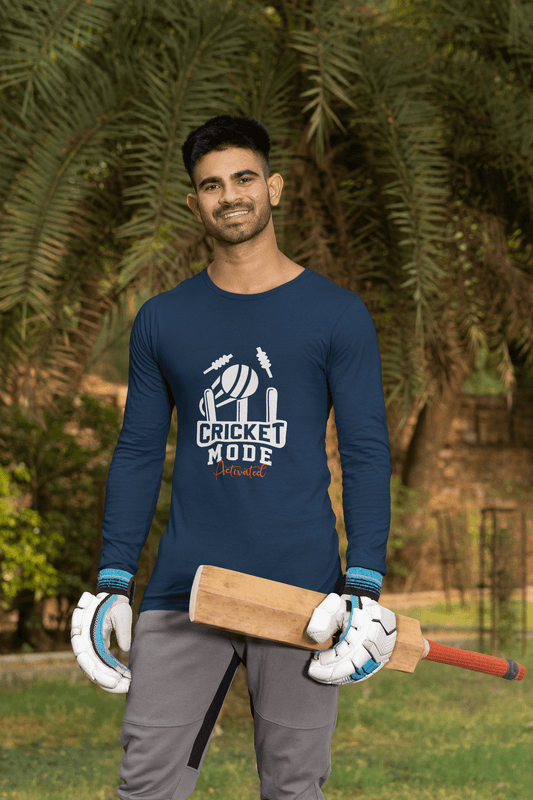 Men's Navy Blue Cricket Mode Activated Graphic Printed Full Sleeve T-shirt - Printed Cave