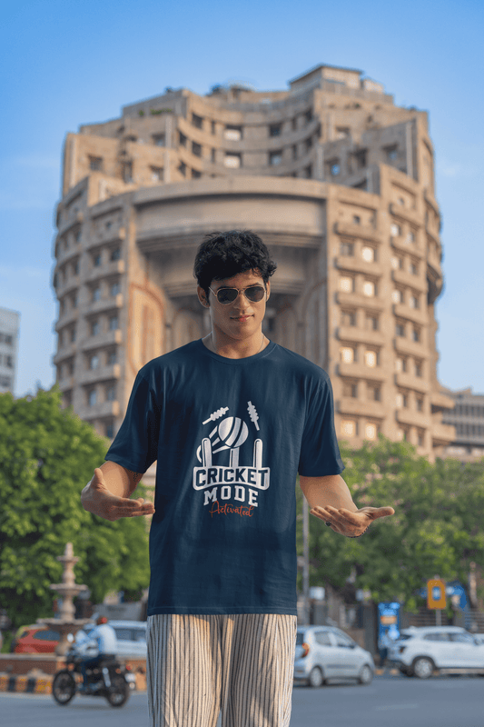 Men's Navy Blue Cricket Mode Activated Graphic Printed Oversized T-shirt