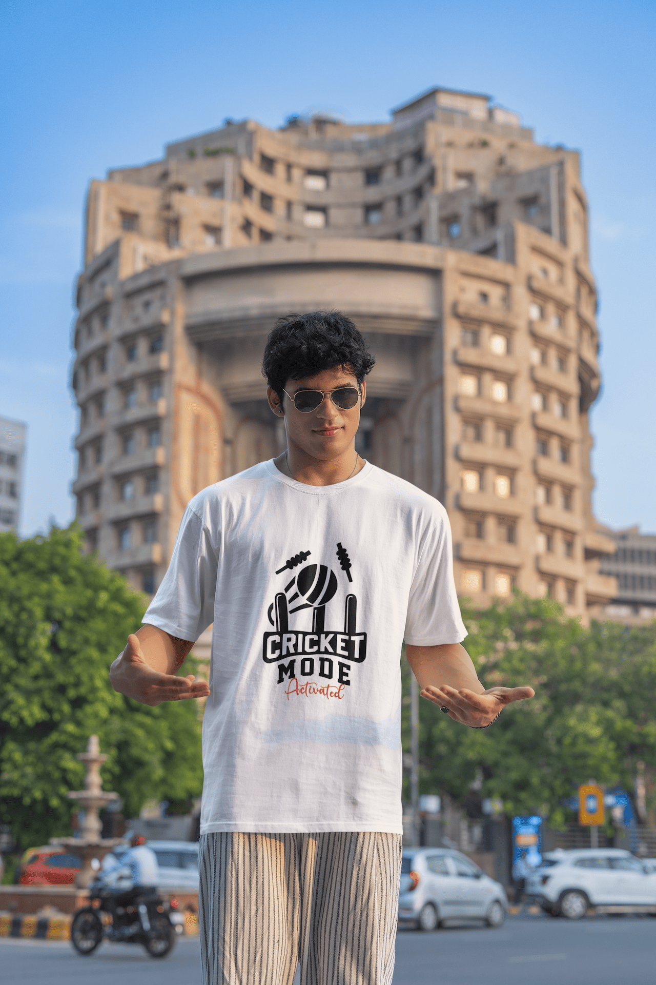 Men's White Cricket Mode Activated Graphic Printed Oversized T-shirt