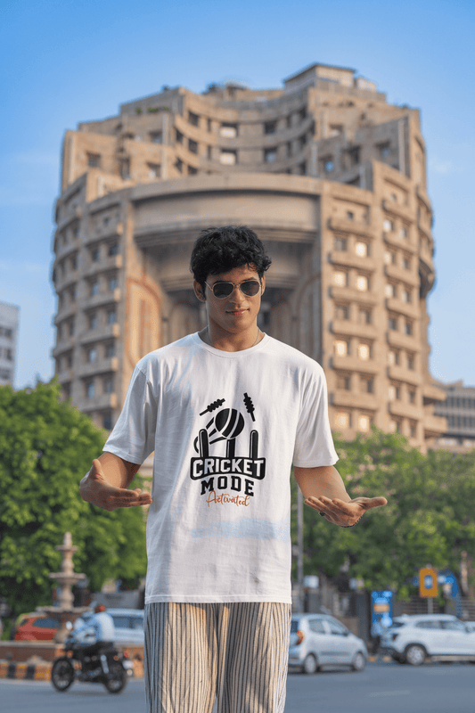 Men's White Cricket Mode Activated Graphic Printed Oversized T-shirt