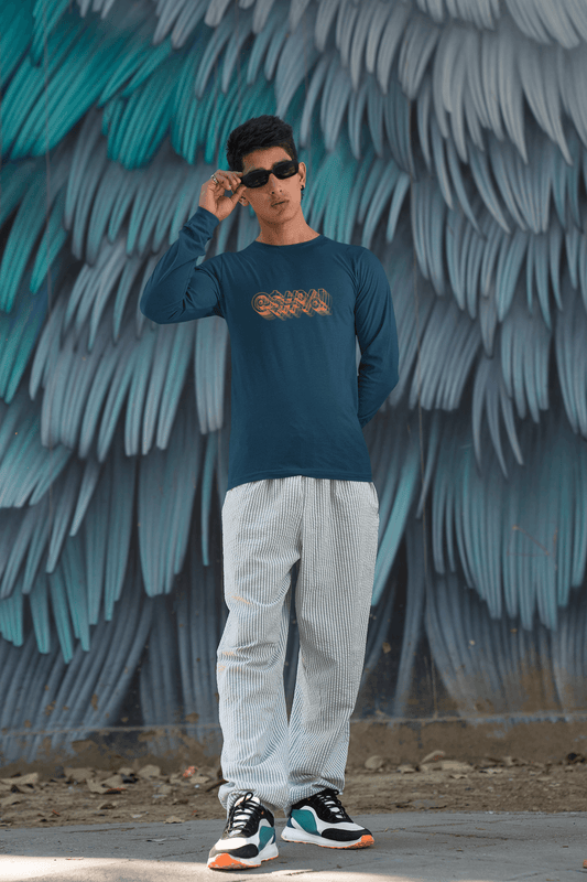 Men's Navy Blue Curse Graphic Printed Full Sleeve T-shirt - Printed Cave